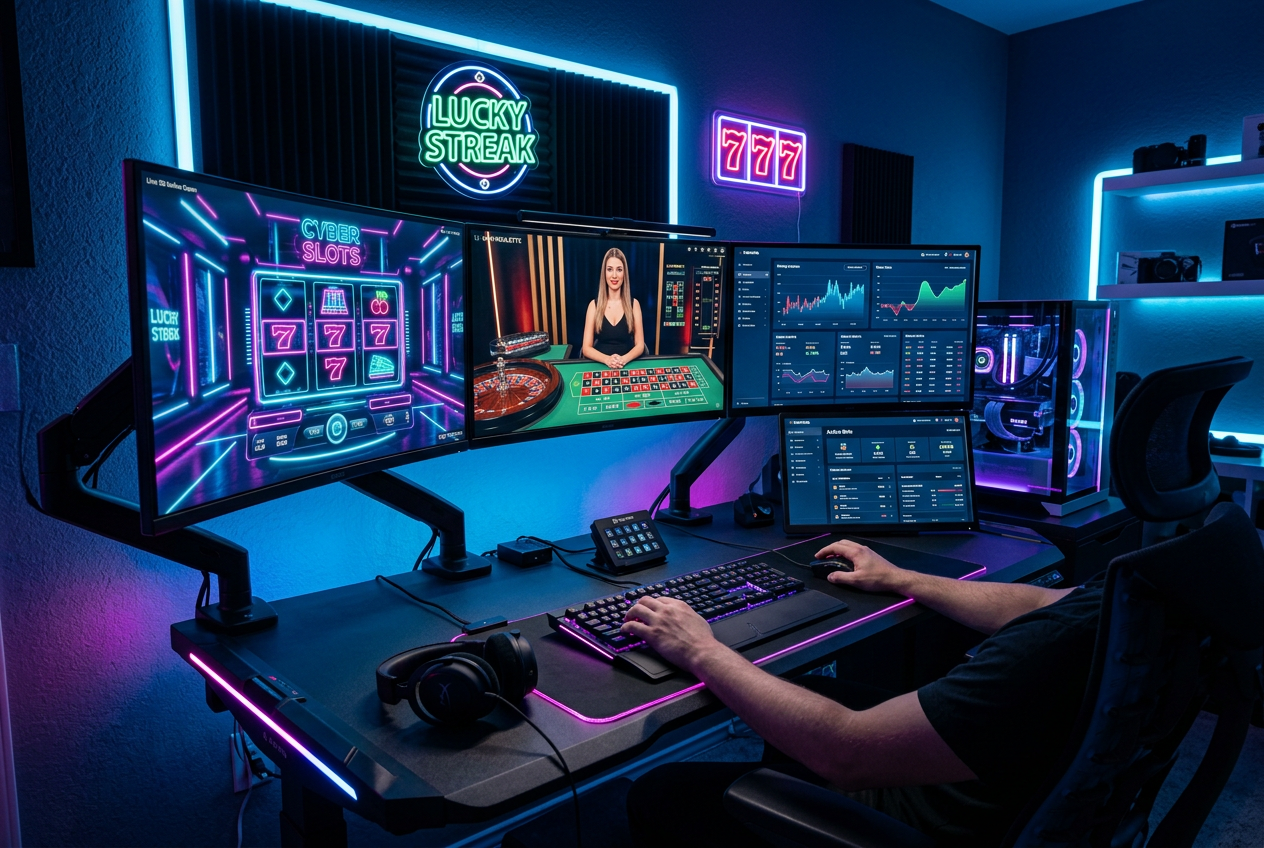 A futuristic digital casino interface showing advanced gaming analytics and modern slots