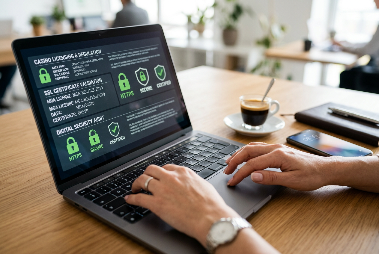 An analyst's hands on a laptop keyboard with security certificates and casino data on screen