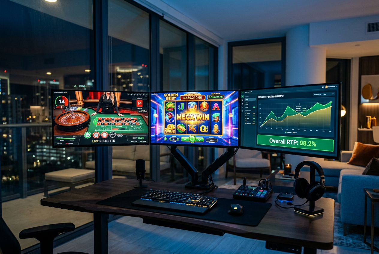 A modern digital workstation showing multiple monitors with various online casino games and data charts.