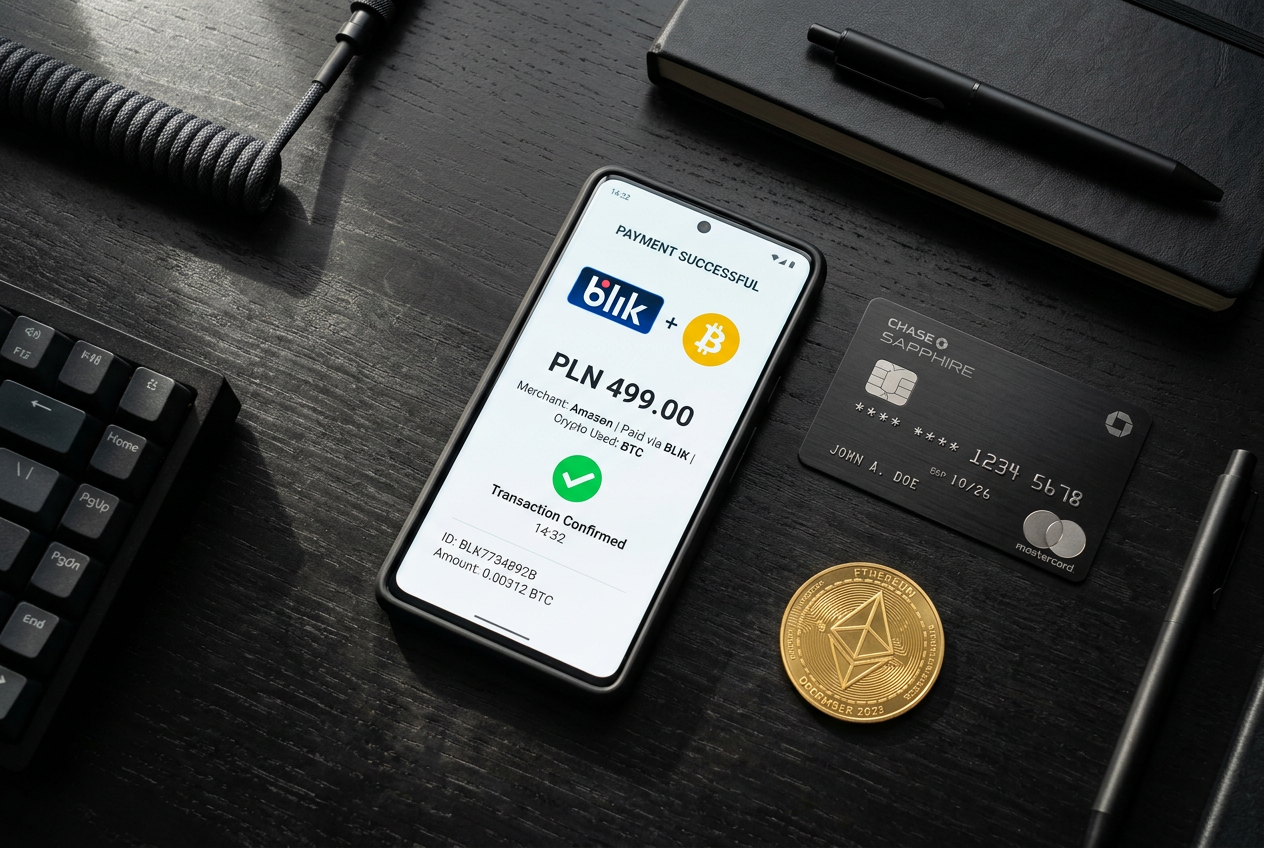 A smartphone next to a physical cryptocurrency coin and a sleek payment card on a dark desk.